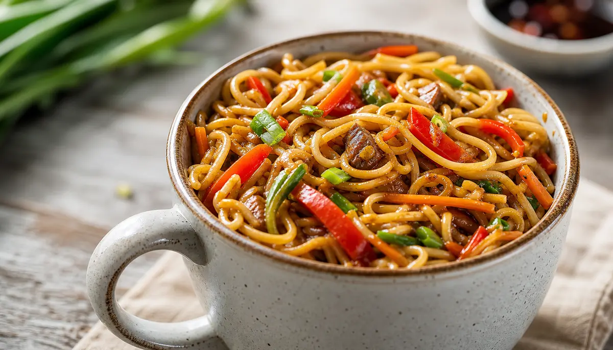 A person tossing fresh vegetables and cooked noodles in a large skillet during the preparation of Easy 20-min. Lo Mein Noodles in a home kitchen.