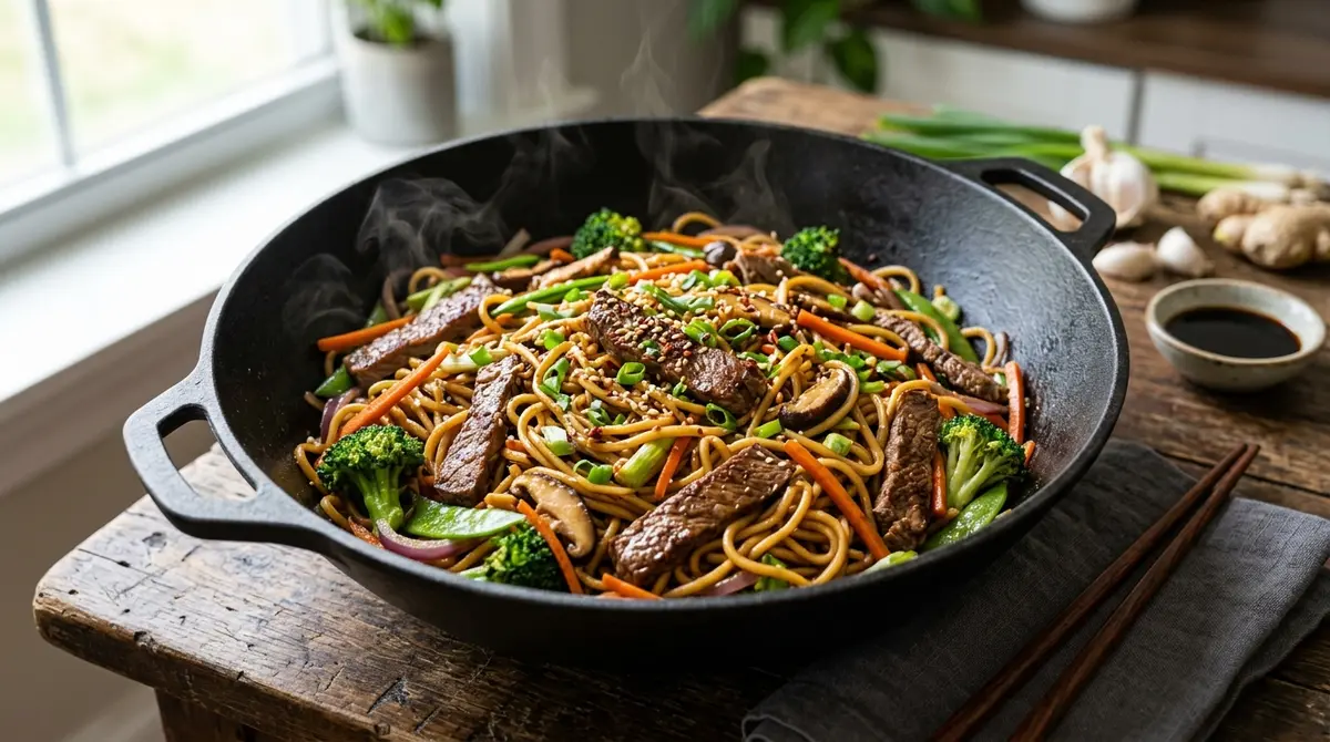 A close-up view of fresh beef strips being tossed with stir-fry vegetables in a hot skillet as a key preparation step for THE BEST Beef Lo Mein Recipe.
