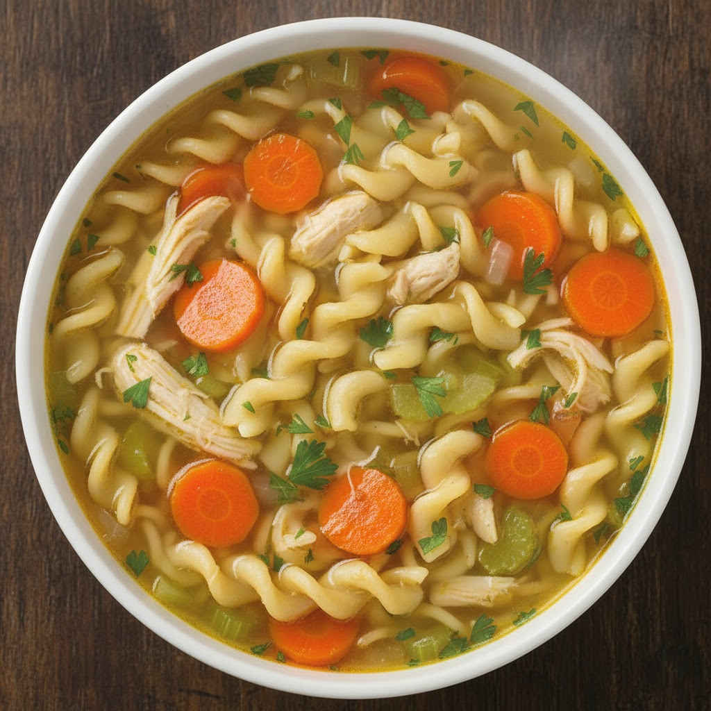 A person stirring aromatic vegetables and shredded chicken in a pot on the stove while preparing a quick and cozy 30-minute homemade chicken noodle soup.