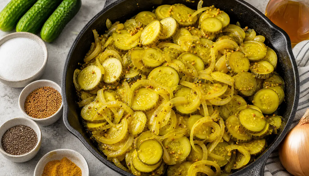 A person preparing ingredients for a homemade batch of Bread and Butter Pickles on a kitchen counter during the canning process.