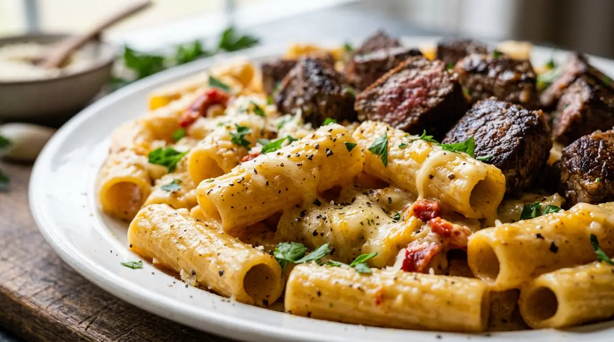 A close-up view of the ingredients being combined in a skillet as part of the cooking process for the Cajun Steak Cheesy Rigatoni Parmesan Recipe.