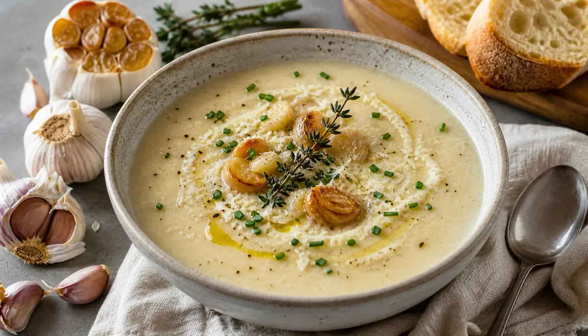 A chef prepares the next stage of the recipe in a home kitchen to create a delicious dish because Calling all garlic lovers - this roasted garlic soup is for you! 💖
