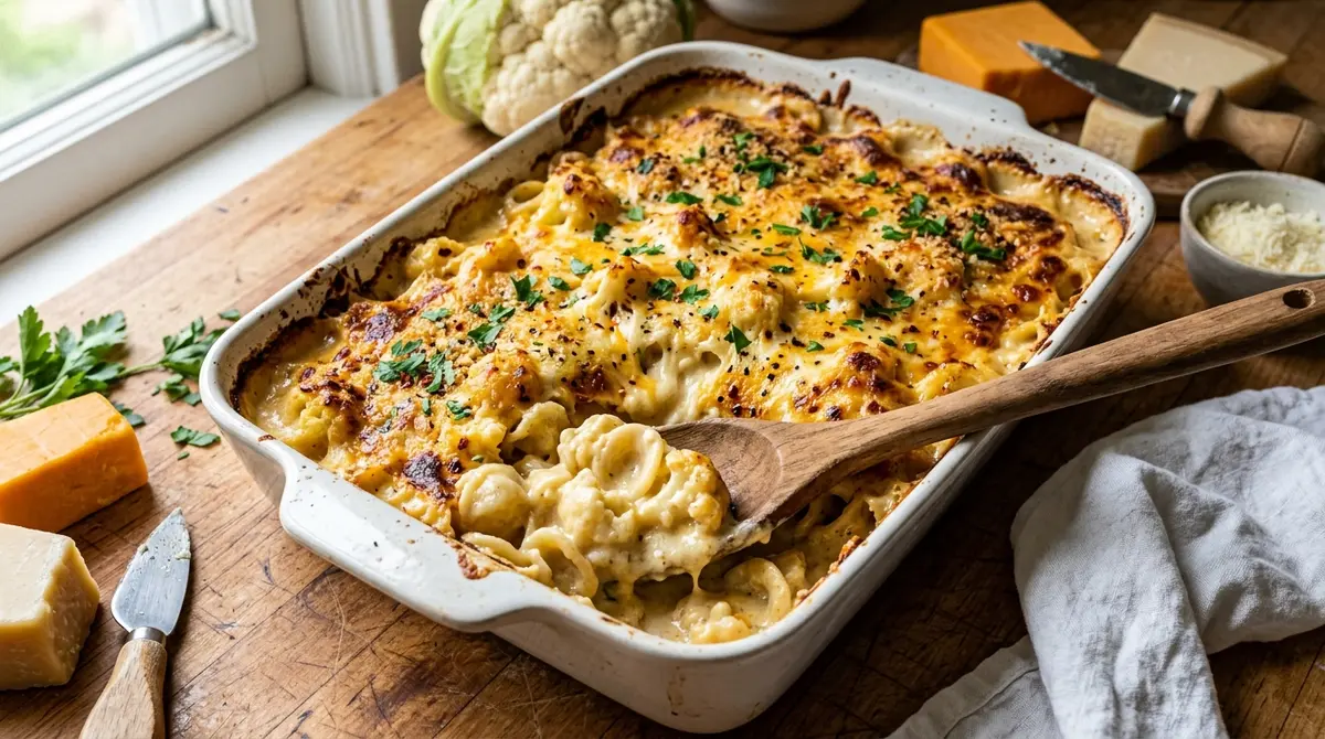 A chef stirs a creamy sauce into roasted florets to prepare a portion of cauliflower mac and cheese (meal prep-friendly) in a kitchen setting.