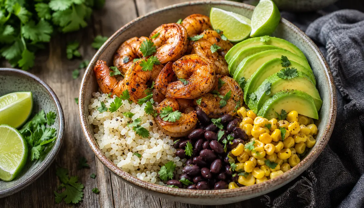 A close-up view of fresh shrimp being seasoned with lime juice and chili spices in a kitchen bowl as a key step in preparing delicious Chili Lime Shrimp Bowls.