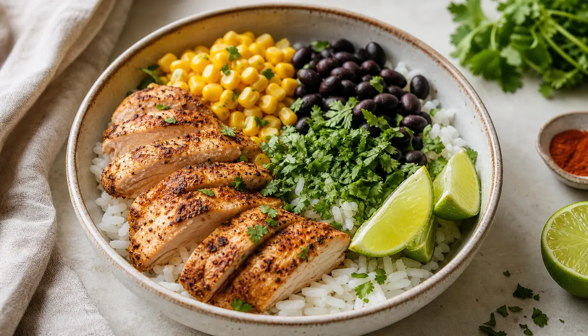 A chef prepares fresh ingredients in the kitchen during the second step of making Corn Chicken Rice Bowls | Healthy Meal Prep Dinner (High Protein) for a nutritious and easy weeknight dinner.
