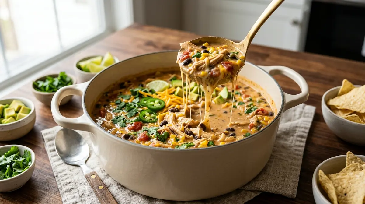 A close-up view of the ingredients being stirred together in a large pot during the preparation of a homemade Creamy Chicken Taco Soup.