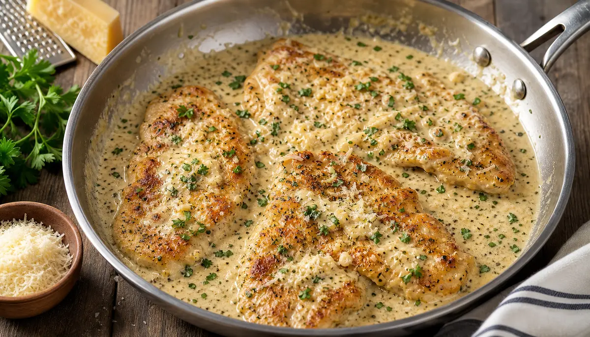 A skillet filled with seared chicken breasts simmering in a rich garlic parmesan sauce as part of the Creamy Garlic Parmesan Chicken Breast - Easy Meals For Two Chicken recipe preparation.