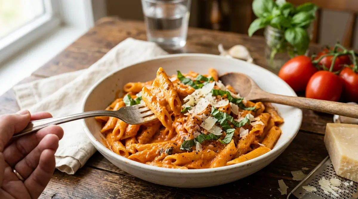 A wooden spoon stirs fresh basil into a pan of simmering sauce during the preparation of this easy creamy tomato basil pasta recipe.
