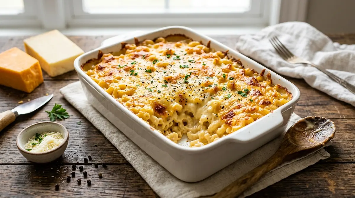 A home cook stirs a creamy cheese sauce into cooked pasta in a saucepan as a step in preparing a delicious Easy Baked Mac & Cheese recipe.