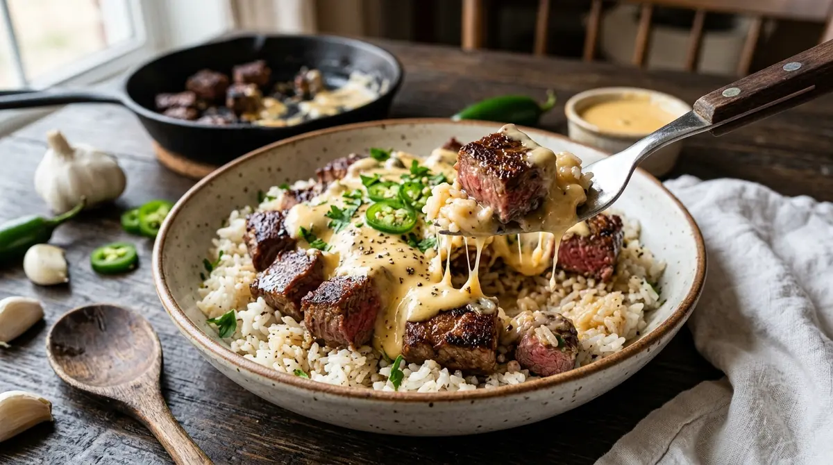 A chef stirs seasoned steak and fluffy rice with melted cheese in a large skillet as part of the preparation for this Easy Steak Queso Rice | Hearty One‑Pan Summer Dinner recipe.
