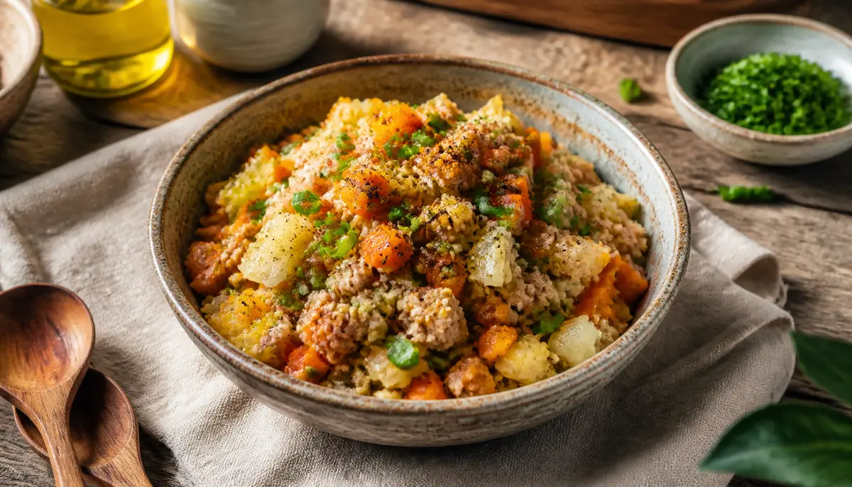 A close-up view of the cooking process for this Egg Roll in a Bowl Recipe Printable | Easy One-skillet Dinner | Healthy Asian-inspired Digital Recipe PDF - Etsy shows fresh ingredients being sautéed in a skillet to highlight how simple it is to prepare this healthy meal.