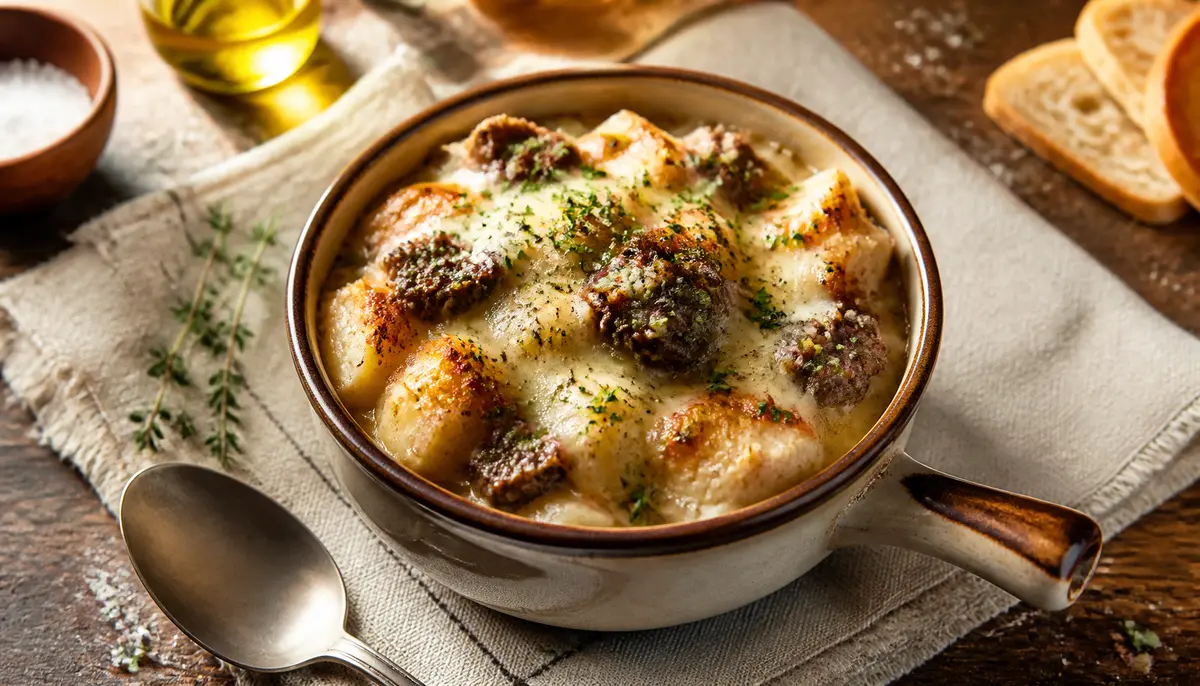 A chef stirs browned ground beef and caramelized onions in a large skillet as part of the preparation process for a hearty bowl of French Onion Beef Gnocchi.