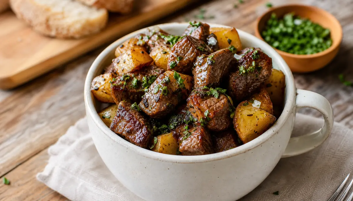 A close-up view of seasoned cubed steak and potato pieces searing in a hot skillet as part of the Garlic Butter Steak Bites and Potatoes | Recipe | Steak dinner recipes, Steak bites, Beef steak reci process.