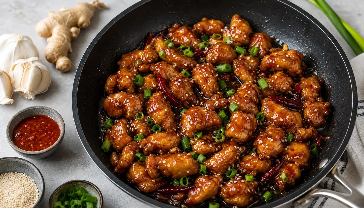 A chef tosses crispy fried chicken pieces in a wok with spicy ginger garlic sauce as part of the preparation for a homemade General Tso's Chicken Recipe.