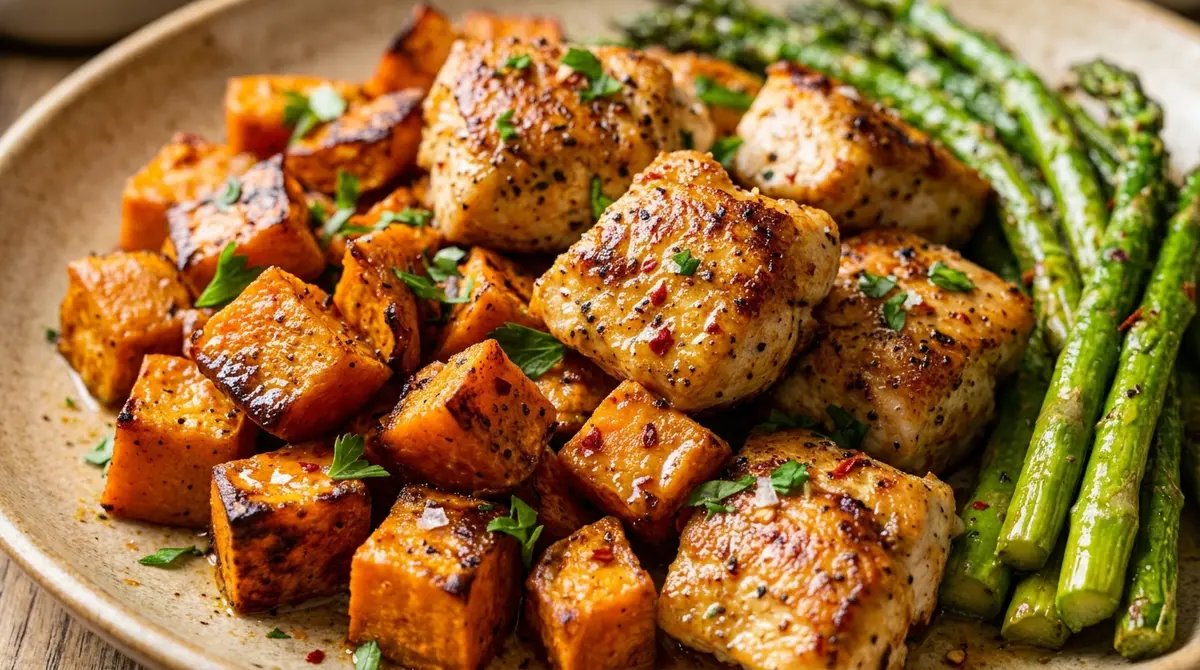 A person preparing diced sweet potatoes and chicken pieces on a kitchen cutting board as part of a healthy chicken and sweet potato recipe.