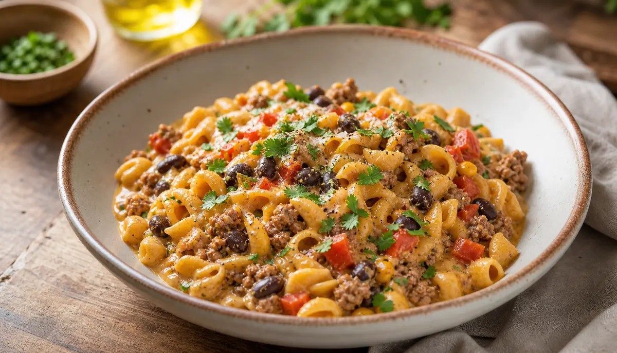 A person adds cooked ground beef and taco seasoning to a large skillet of pasta to prepare the High Protein Taco Pasta (36g per serving) recipe in a home kitchen.