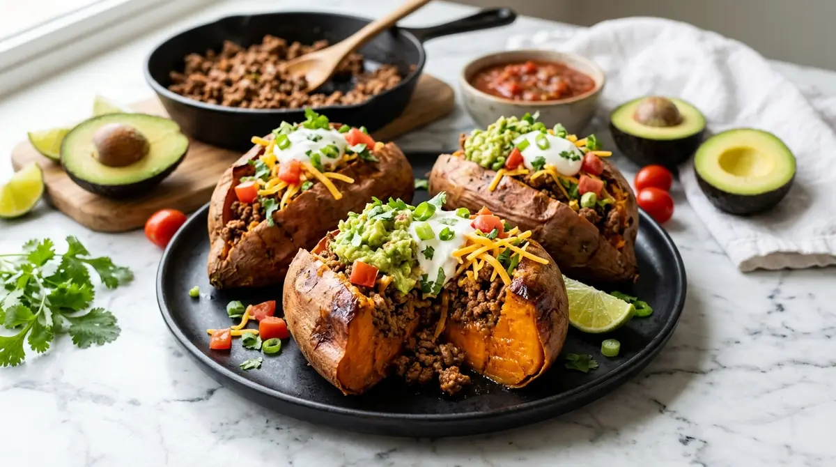 A kitchen countertop showing the step-by-step preparation of ingredients for a High Protein Taco Stuffed Sweet Potatoes | Healthy Dinner Recipe as part of a nutritious evening meal.