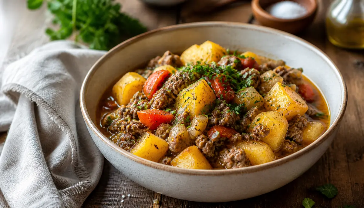 A cook stirs the ingredients in a large skillet while preparing an Easy Hobo Casserole with Ground Beef: Comfort Food for Quick Dinners for a simple weeknight meal.
