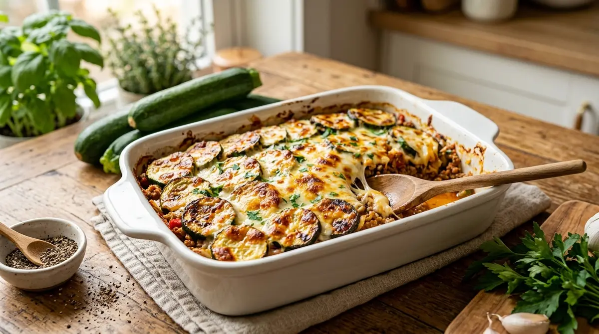 A home cook sautés seasoned ground turkey with fresh diced zucchini in a pan as a secondary step for an Easy Low Carb Ground Turkey Zucchini Casserole | High Protein Family Dinner.