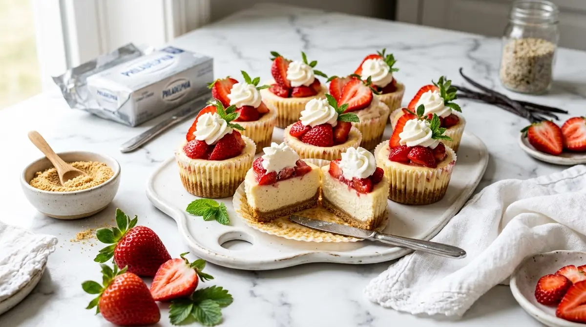 A pair of hands carefully filling mini muffin tins with creamy batter as part of the baking process for delicious Mini Cheesecake Cupcakes.