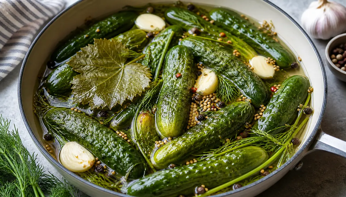 A person pours a flavorful brine over fresh cucumber slices in a glass jar as part of the preparation process for a batch of Overnight Refrigerator Dill Pickles | Quick & Easy.