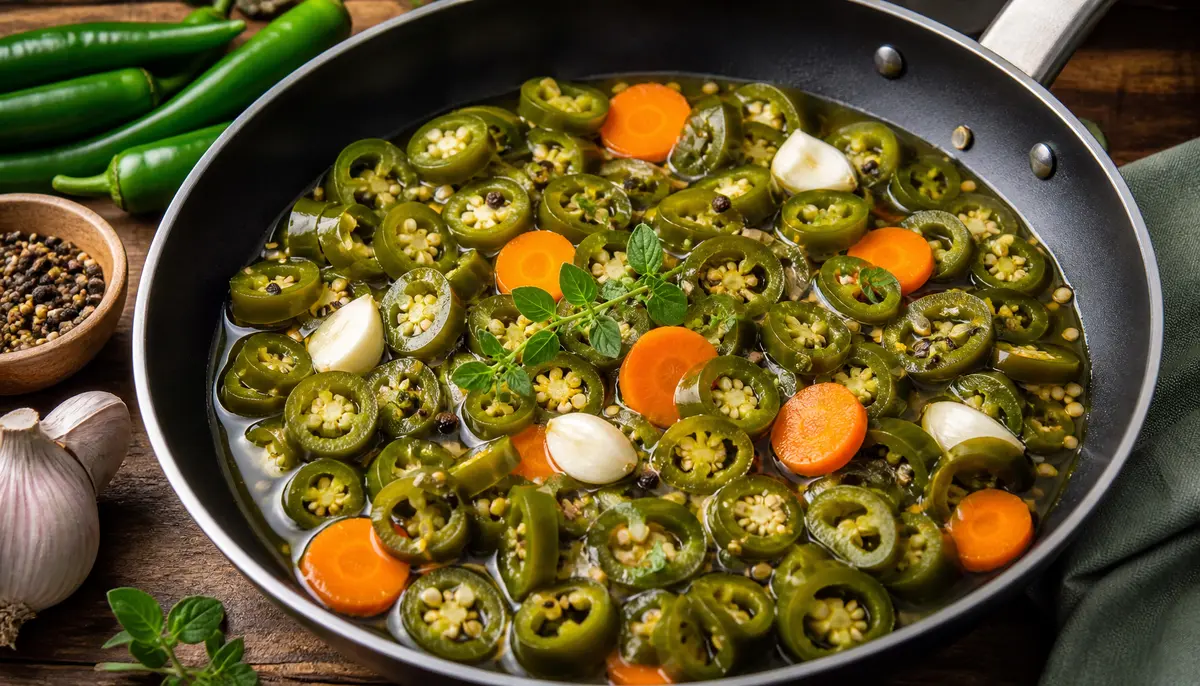 A close-up view of sliced fresh jalapeno peppers being packed into a glass jar as part of the preparation process for a Quick and Easy Pickled Jalapenos Recipe.
