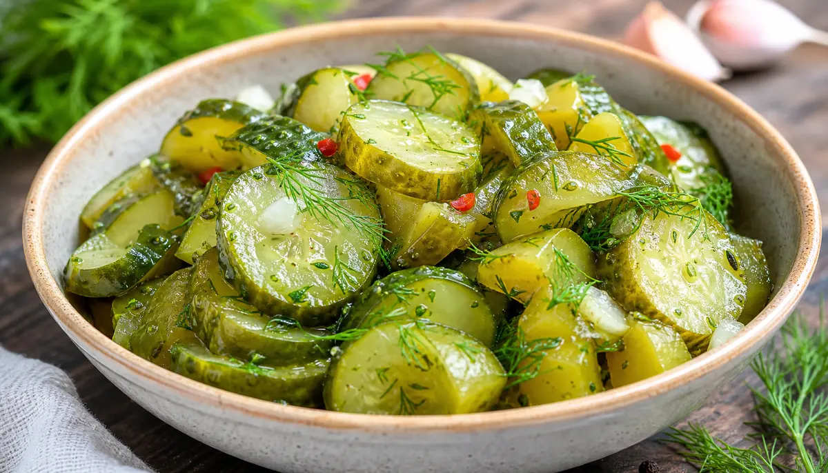 A close-up view of fresh cucumber slices being packed into a glass mason jar as part of the preparation process for THE BEST Refrigerator Dill Pickles (Paleo + Vegan + Gluten-Free) recipe.