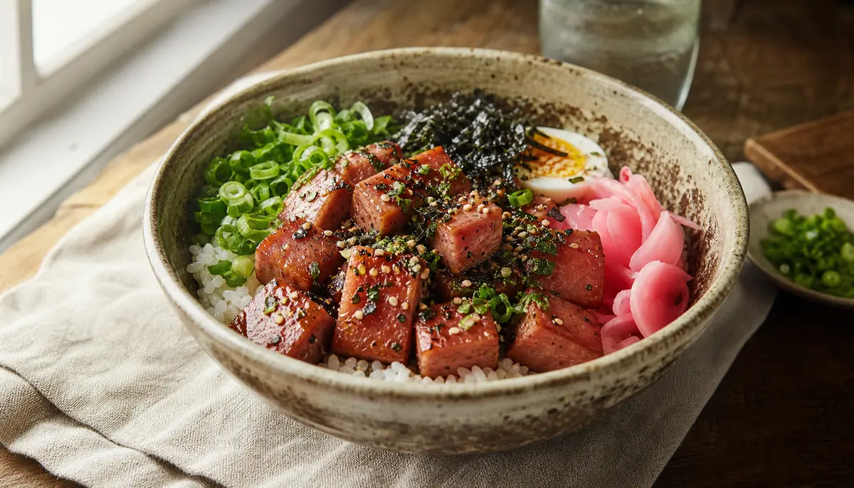 A close-up view of the ingredients being assembled in a bowl as part of the preparation process for a delicious Spam Musubi Bowl – Hawaiian Recipe in a modern kitchen.
