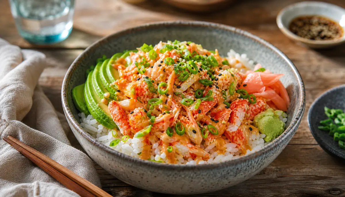 A person in a kitchen prepares the fresh ingredients for spicy crab sushi bowls by carefully layering seasoned crab meat over a bed of fluffy sushi rice.