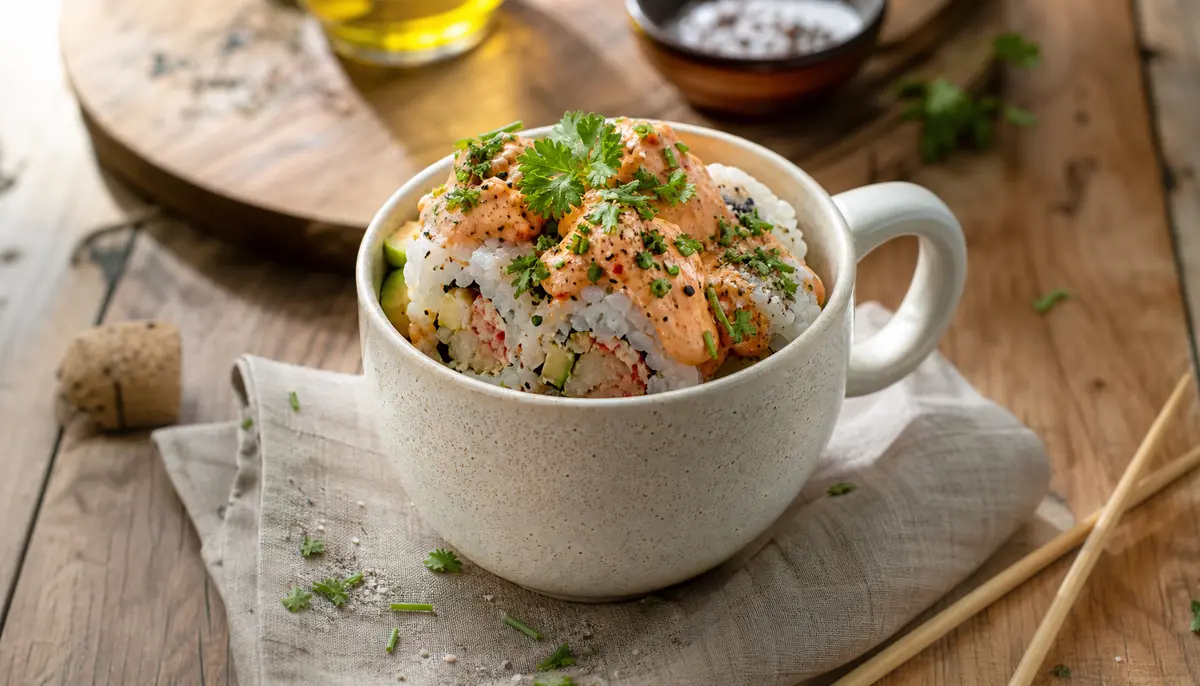 A close-up view of the crab meat mixture being prepared in a kitchen as a key step in this easy Spicy Crab Sushi Roll Recipe.