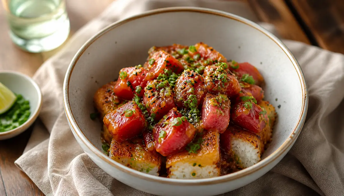 A chef carefully places a scoop of seasoned tuna mixture onto a golden-brown piece of seared rice to assemble the perfect Spicy Tuna Crispy Rice appetizer.