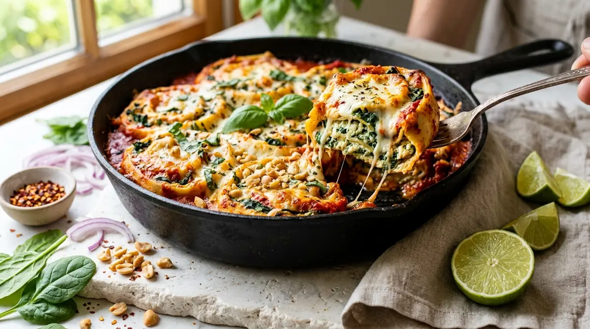 A close-up view of the assembly process for Spinach and Cheese Lasagna Pinwheels | Tuttorosso Tomatoes showing a cook carefully rolling the fresh lasagna sheets filled with a vibrant spinach and cheese mixture in a home kitchen.