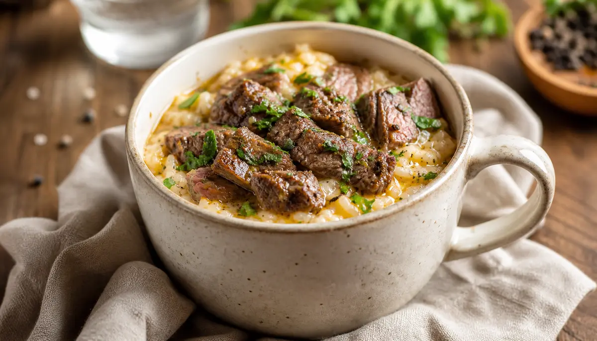 A chef stirs golden melted cheese into a pan of seared steak and rice as part of the Easy Steak & Queso Rice for a Cozy Night recipe preparation.
