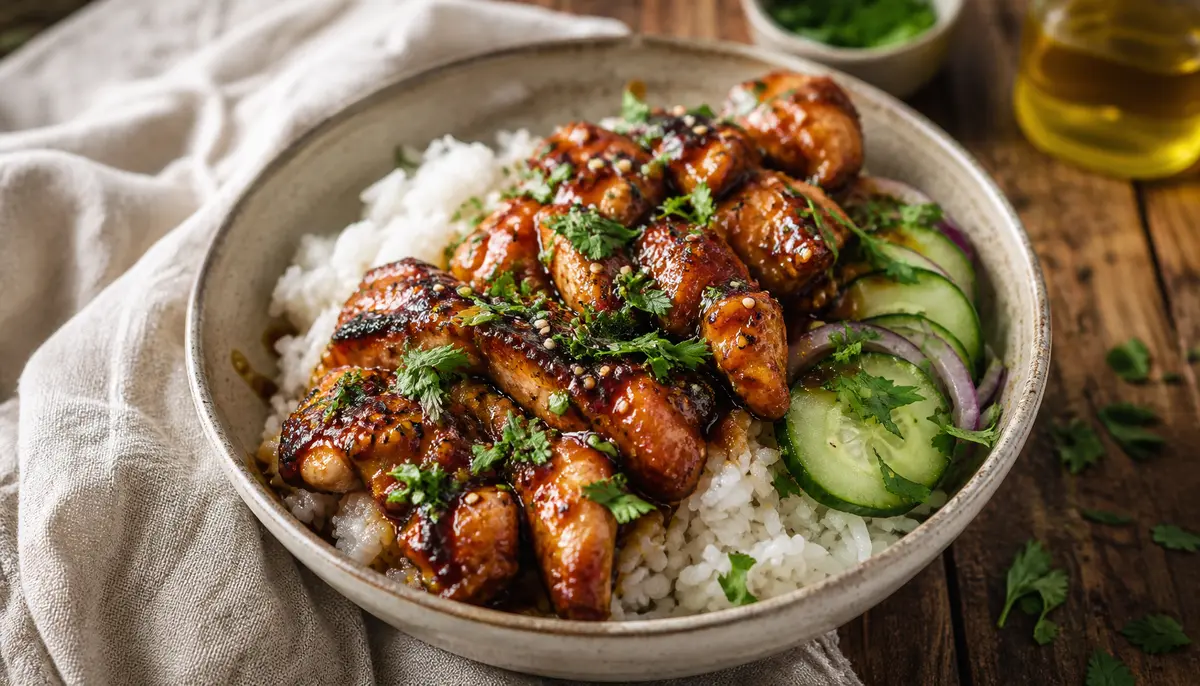 A close-up view of fresh chicken being glazed in a pan during the preparation of Delicious Sticky Chicken Rice Bowls in a home kitchen.