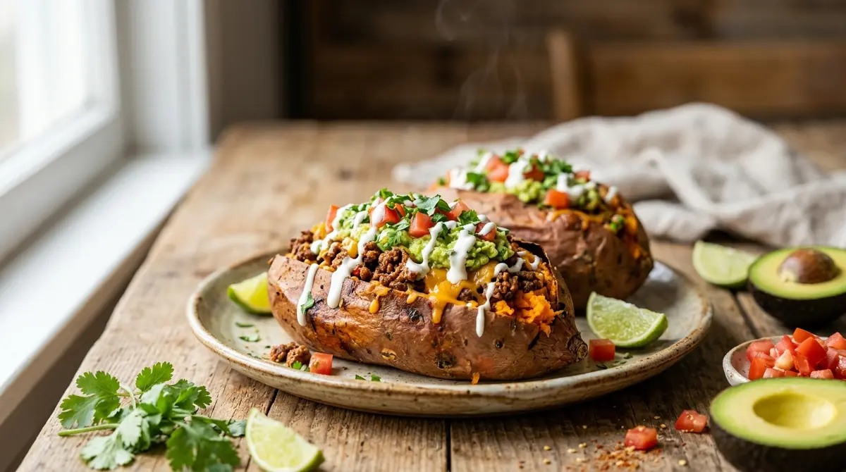 A person in a kitchen spooning seasoned taco meat into roasted sweet potatoes as part of the preparation process for a delicious recipe for Taco Stuffed Sweet Potatoes.