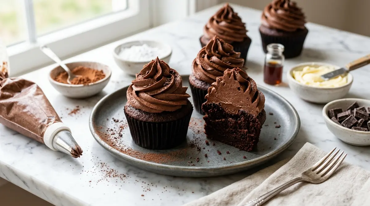 A close up of a hand using a spatula to whip rich cocoa frosting in a mixing bowl during the preparation of The Best Chocolate Buttercream Recipe.