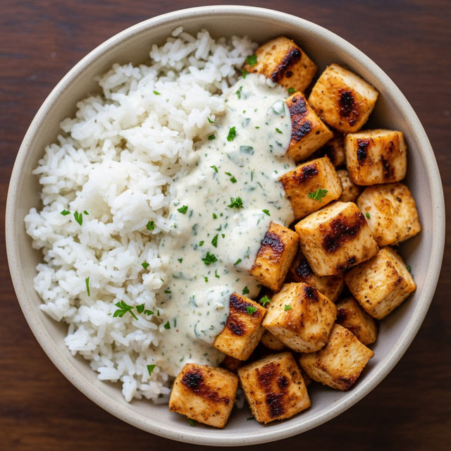 A person stirring fresh minced garlic into a pan of savory chicken and fluffy white rice to prepare a delicious homemade garlic chicken rice bowl.