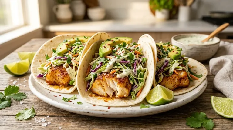 A delicious plate of 15 Minute Air Fryer Fish Tacos with Cilantro Lime Slaw | Lemons + Zest | Recipe | Air fryer recipes served as a quick and healthy dinner option.