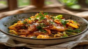 A vibrant and appetizing bowl of Easy 15-Minute Chicken Stir Fry Noodles Recipe is showcased, featuring tender chicken pieces, colorful vegetables, and perfectly cooked noodles garnished with fresh herbs.