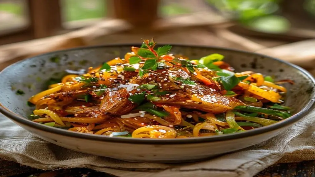 A vibrant and appetizing bowl of Easy 15-Minute Chicken Stir Fry Noodles Recipe is showcased, featuring tender chicken pieces, colorful vegetables, and perfectly cooked noodles garnished with fresh herbs.