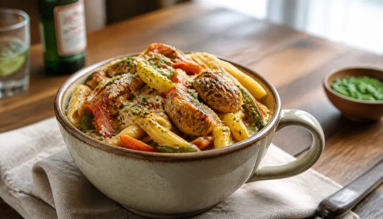A vibrant plate of Authentic Jerk Chicken Rasta Pasta topped with fresh herbs and colorful bell peppers served as a delicious main course.