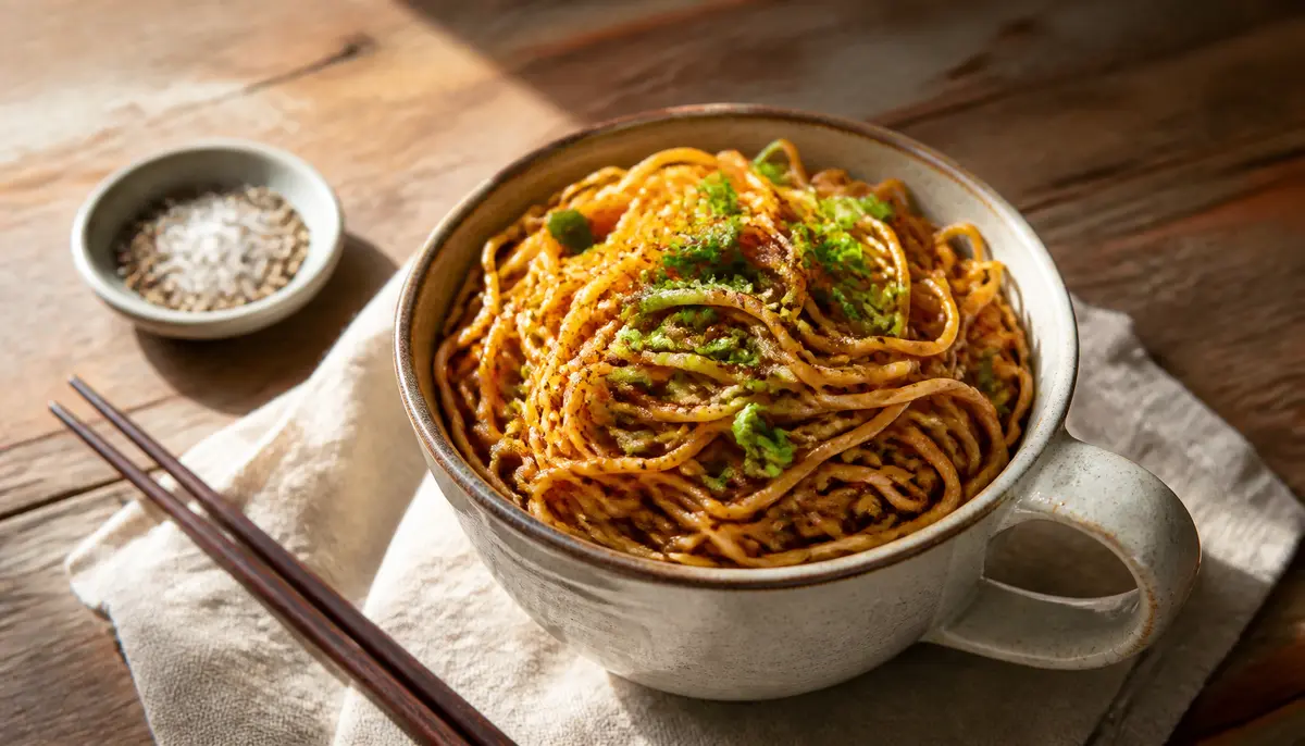 A close-up view of a steaming plate of Authentic Shanghai Fried Noodles tossed with crisp bok choy and savory sliced mushrooms in a rich soy-based sauce.