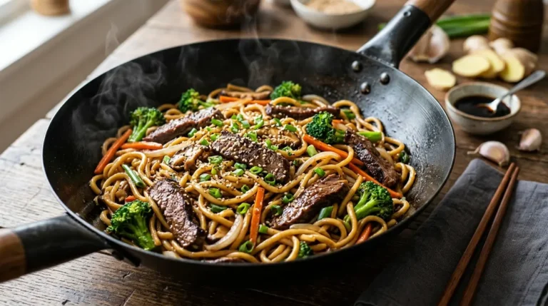 A close up shot of a steaming bowl filled with THE BEST Beef Lo Mein Recipe featuring tender strips of marinated beef tossed with stir fried noodles and fresh vegetables in a savory sauce.