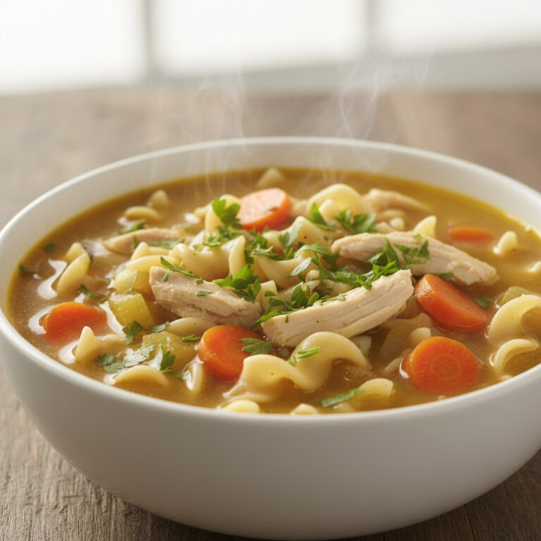 A steaming bowl of quick and cozy 30-minute chicken noodle soup topped with fresh herbs sits on a rustic wooden table as the perfect comfort meal.