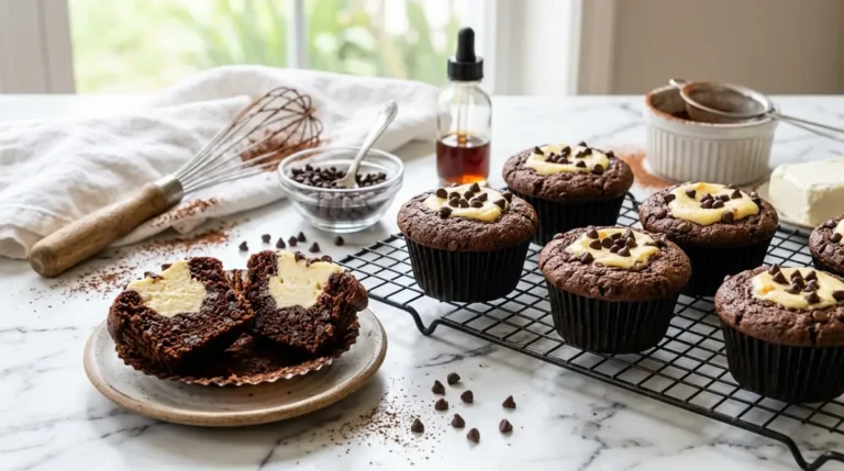 A delicious homemade batch of moist chocolate Black Bottom Cupcakes with a creamy cheesecake swirl center displayed on a rustic serving platter.