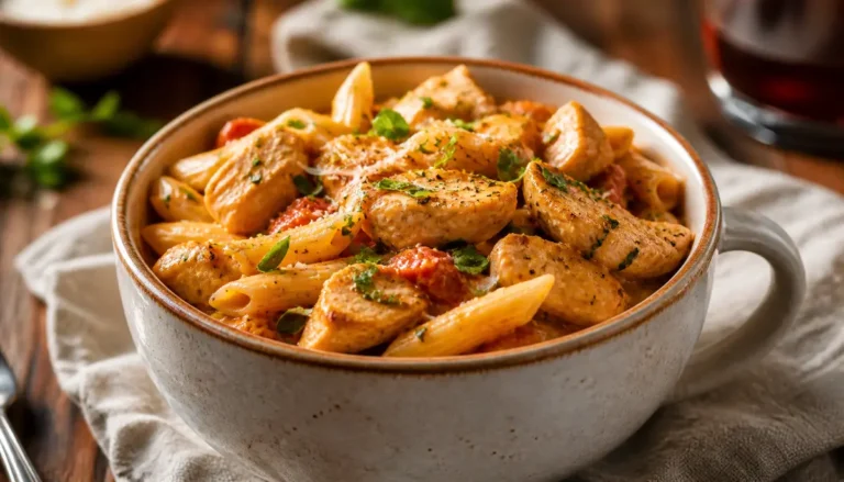 A delicious serving of our Cajun Chicken Pasta Recipe | Creamy Pasta, Juicy Chicken + Cajun Spice garnished with fresh herbs and served in a white bowl.
