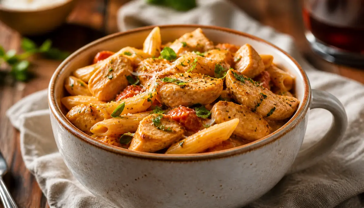 A delicious serving of our Cajun Chicken Pasta Recipe | Creamy Pasta, Juicy Chicken + Cajun Spice garnished with fresh herbs and served in a white bowl.