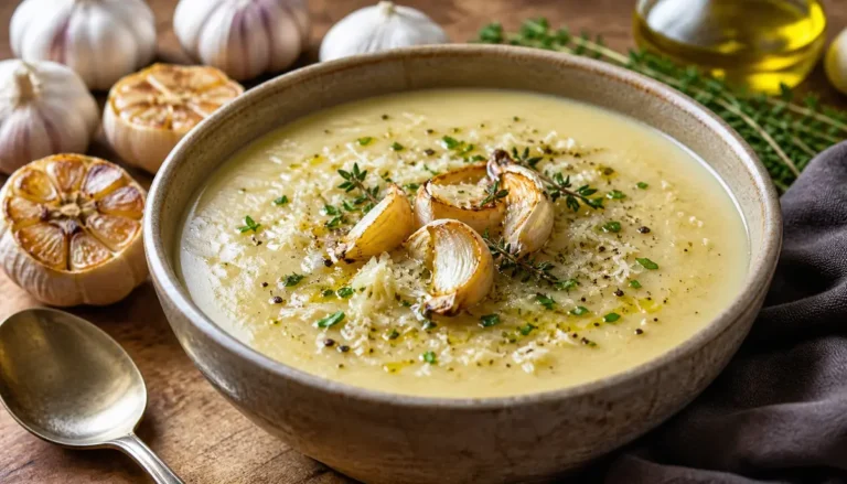 A rustic ceramic bowl filled with creamy roasted garlic soup garnished with fresh herbs sits on a wooden table to illustrate that Calling all garlic lovers - this roasted garlic soup is for you! 💖