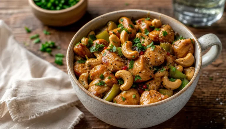 A vibrant plate of homemade Cashew Chicken {Better than Takeout!} featuring tender chicken pieces tossed with crunchy roasted cashews and crisp vegetables in a savory stir-fry sauce.