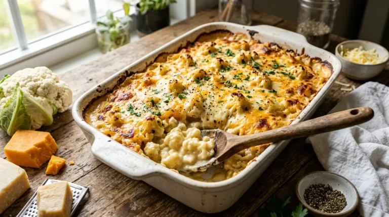 A delicious serving of creamy Cauliflower mac and cheese (meal prep-friendly) displayed in a glass container ready for a healthy weekly lunch.